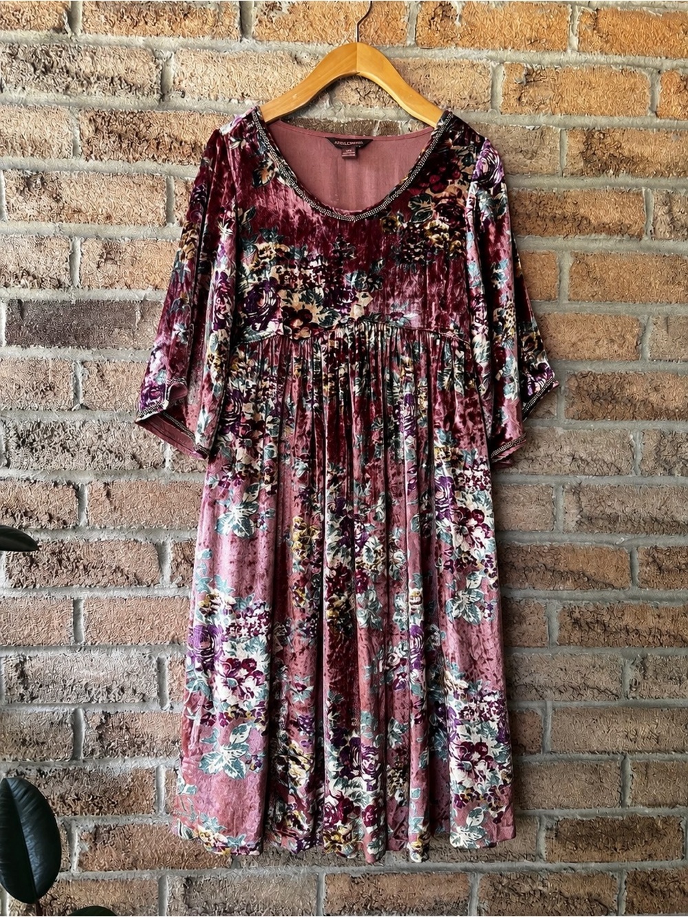 April Cornell Floral Velvet Rayon Dress Beaded Bell Sleeve Romantic Boho